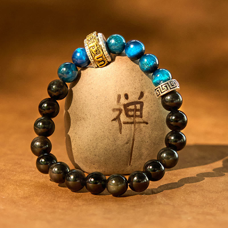 Wear FengShui Silver Sheen Obsidian Blue Tiger Eye Om Mani Padme Hum Protection Bracelet