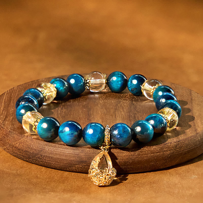 Wear FengShui Blue Tiger Eye White Crystal Water Drop Strength Bracelet