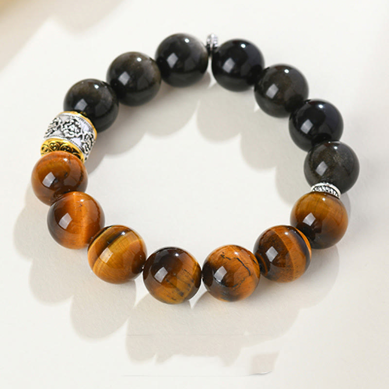 Wear FengShui Tiger Eye Gold Sheen Obsidian Om Mani Padme Hum Bracelet