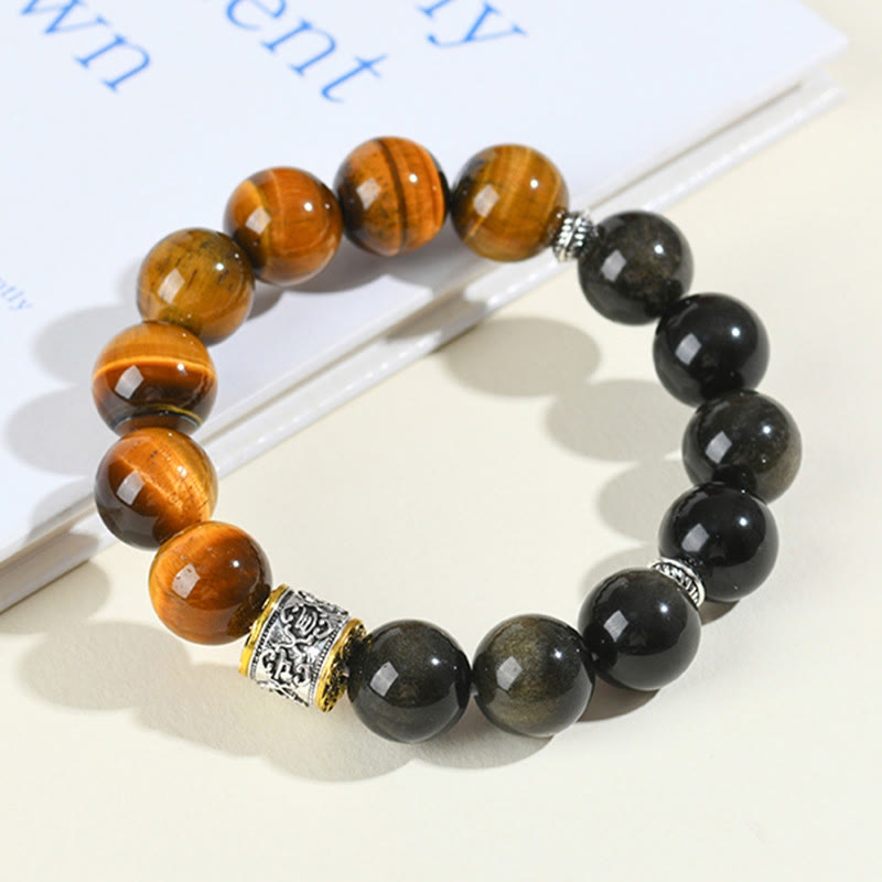 Wear FengShui Tiger Eye Gold Sheen Obsidian Om Mani Padme Hum Bracelet