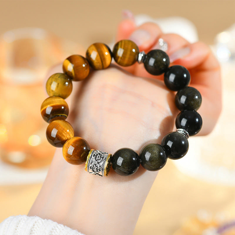 Wear FengShui Tiger Eye Gold Sheen Obsidian Om Mani Padme Hum Bracelet