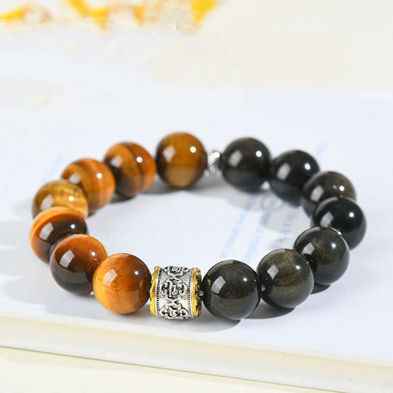 Wear FengShui Tiger Eye Gold Sheen Obsidian Om Mani Padme Hum Bracelet