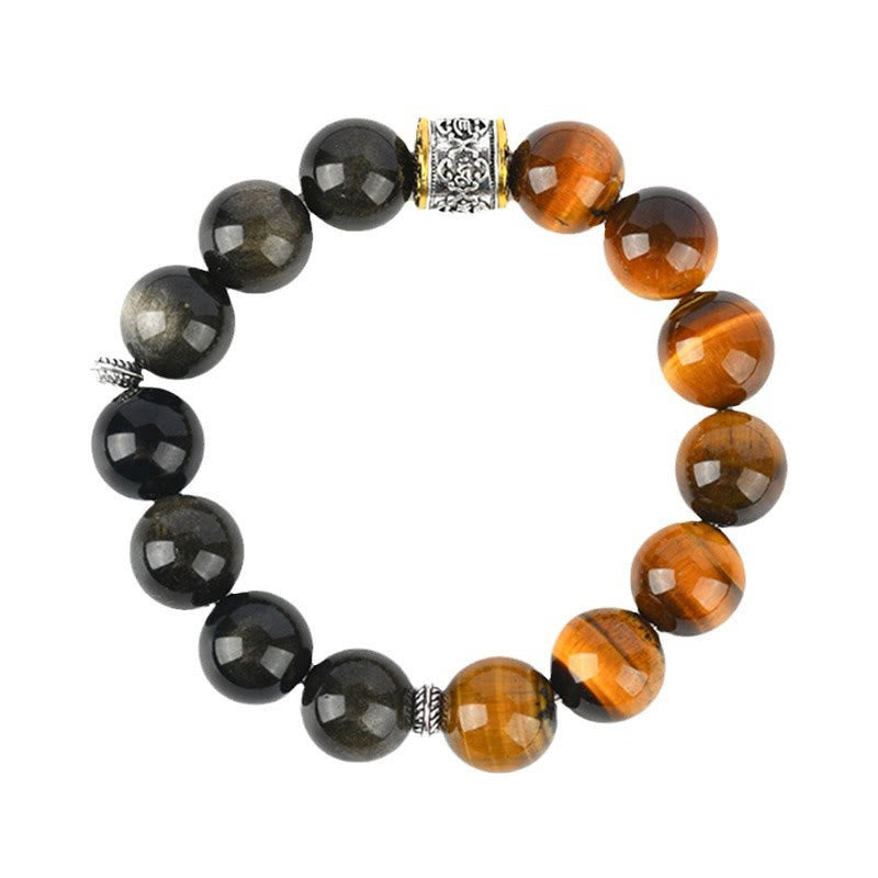 Wear FengShui Tiger Eye Gold Sheen Obsidian Om Mani Padme Hum Bracelet