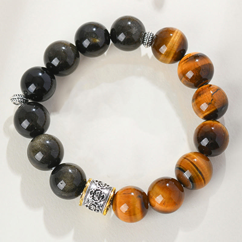 Wear FengShui Tiger Eye Gold Sheen Obsidian Om Mani Padme Hum Bracelet