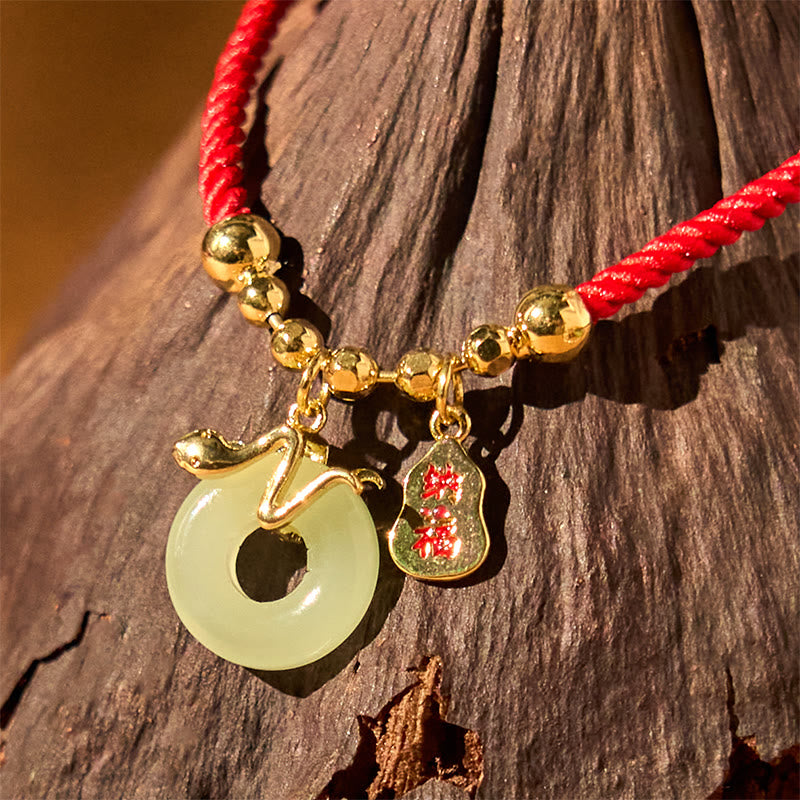 Wear FengShui Copper Plated Gold Jade Peace Buckle Fu Character Year Of The Snake Red String Luck Bracelet