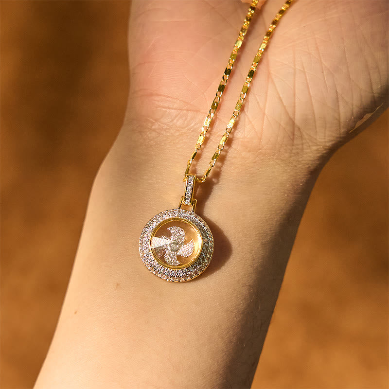 Wear FengShui Gold plated Copper Brass Rotatable Windmill Fu Balance Necklace Pendant