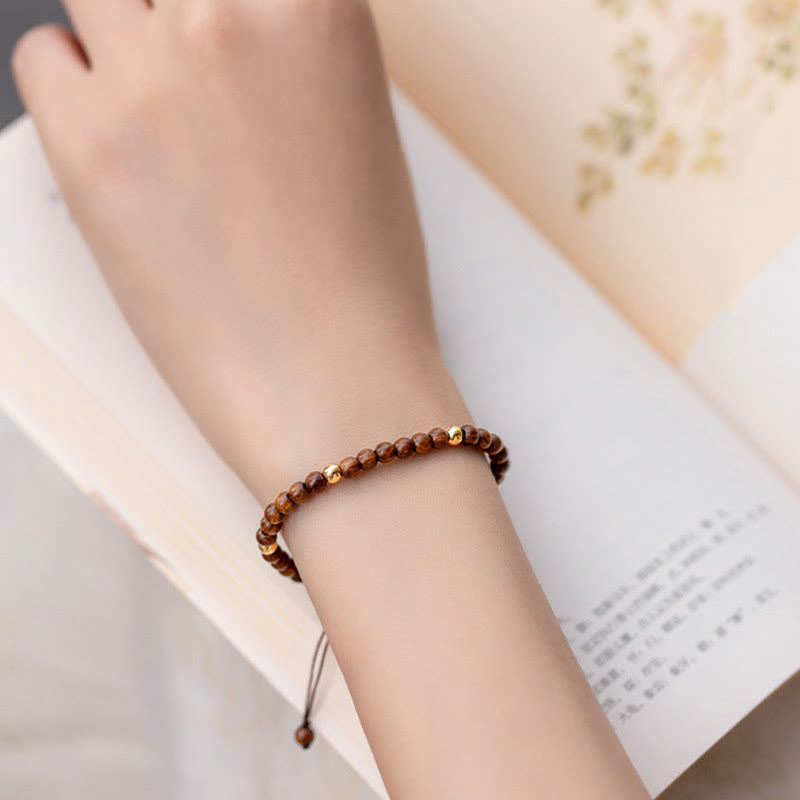 Wear FengShui 4mm Ultra-thin Sandalwood 14K Gold Plated Copper Beads Protection Bracelet