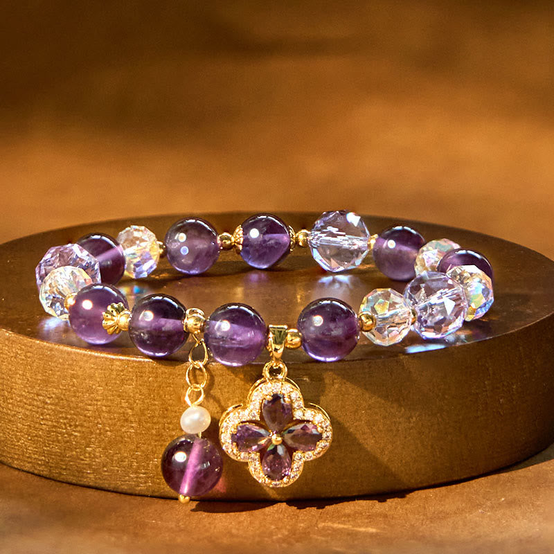 Wear FengShui Natural Amethyst Crystal Four Leaf Clover Spiritual Healing Bracelet