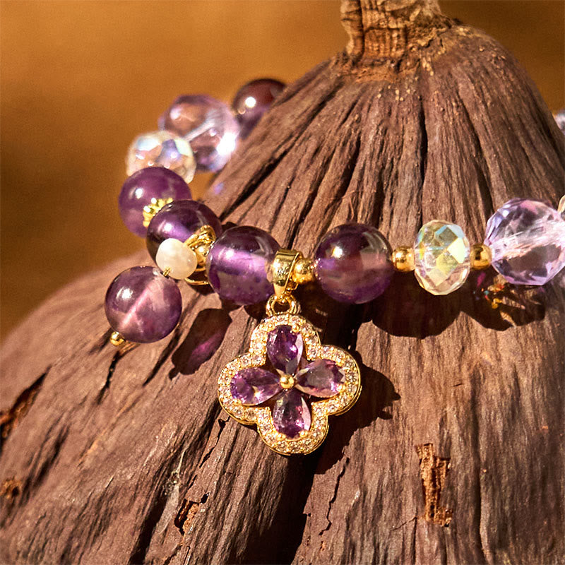 Wear FengShui Natural Amethyst Crystal Four Leaf Clover Spiritual Healing Bracelet