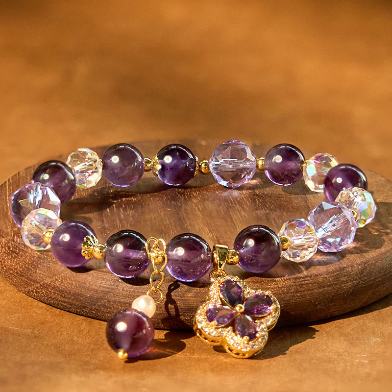 Wear FengShui Natural Amethyst Crystal Four Leaf Clover Spiritual Healing Bracelet