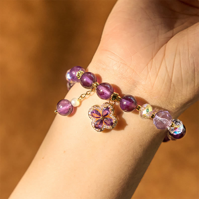 Wear FengShui Natural Amethyst Crystal Four Leaf Clover Spiritual Healing Bracelet