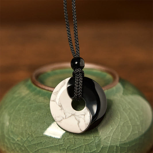 Wear FengShui Natural Black Obsidian White Turquoise Yin Yang Peace Buckle Design Braided String Strength Necklace Pendant