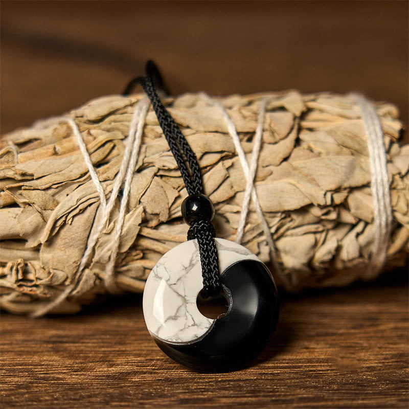 Wear FengShui Natural Black Obsidian White Turquoise Yin Yang Peace Buckle Design Braided String Strength Necklace Pendant