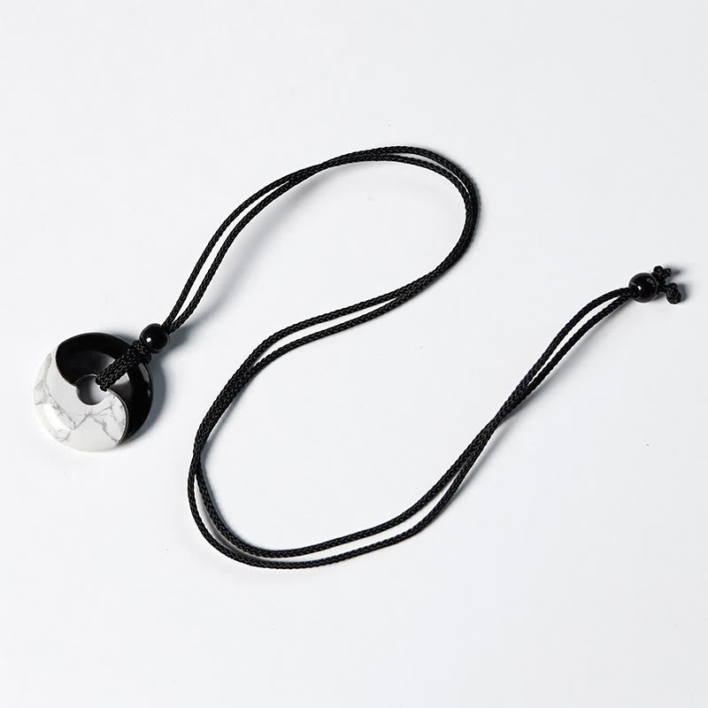 Wear FengShui Natural Black Obsidian White Turquoise Yin Yang Peace Buckle Design Braided String Strength Necklace Pendant