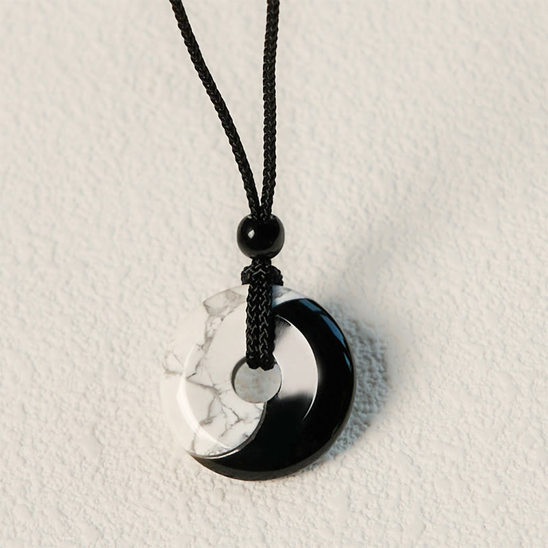 Wear FengShui Natural Black Obsidian White Turquoise Yin Yang Peace Buckle Design Braided String Strength Necklace Pendant