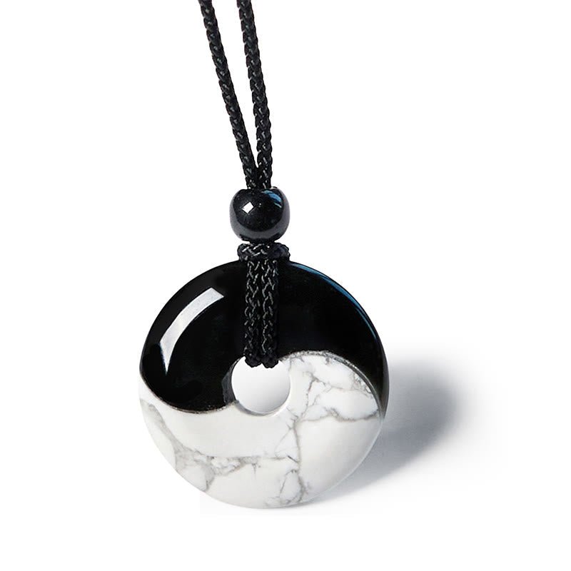 Wear FengShui Natural Black Obsidian White Turquoise Yin Yang Peace Buckle Design Braided String Strength Necklace Pendant