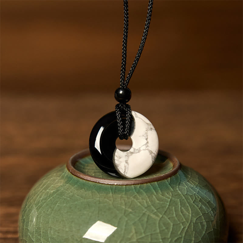 Wear FengShui Natural Black Obsidian White Turquoise Yin Yang Peace Buckle Design Braided String Strength Necklace Pendant