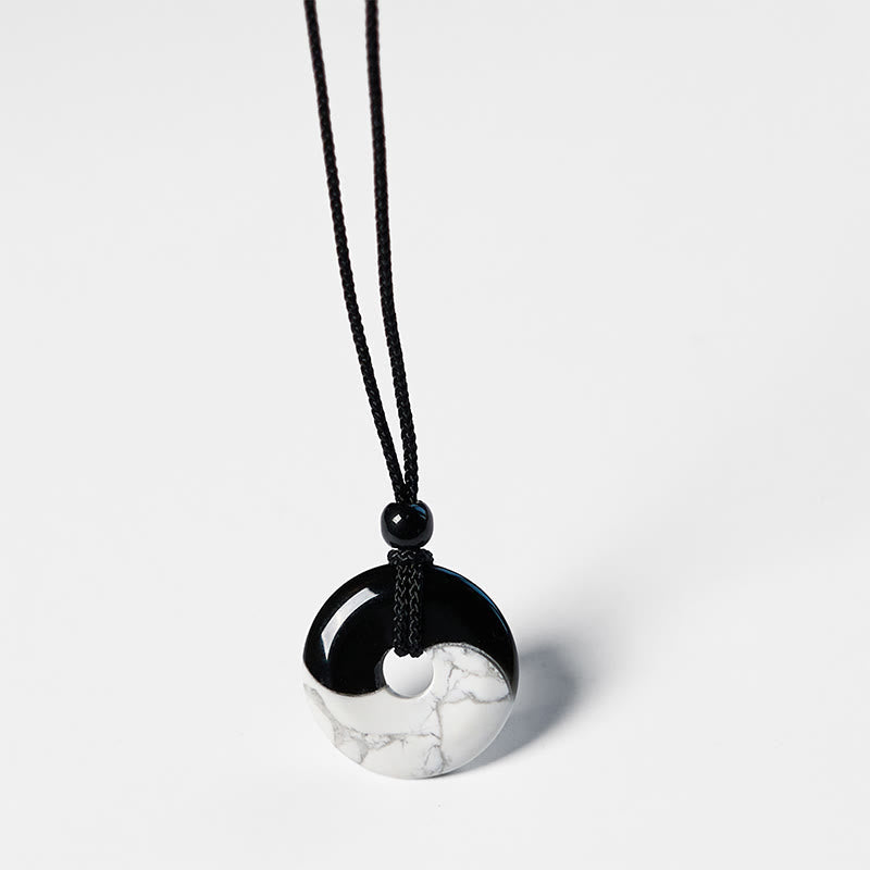 Wear FengShui Natural Black Obsidian White Turquoise Yin Yang Peace Buckle Design Braided String Strength Necklace Pendant