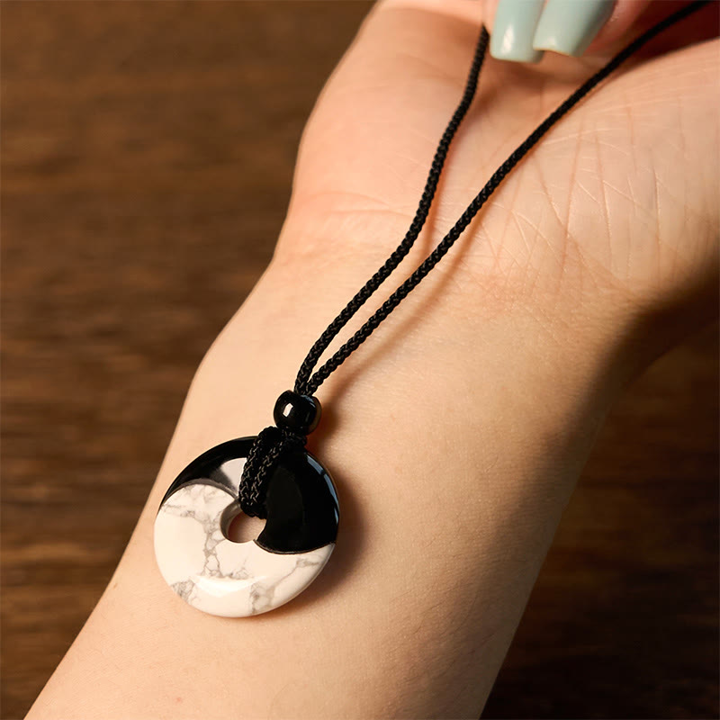 Wear FengShui Natural Black Obsidian White Turquoise Yin Yang Peace Buckle Design Braided String Strength Necklace Pendant