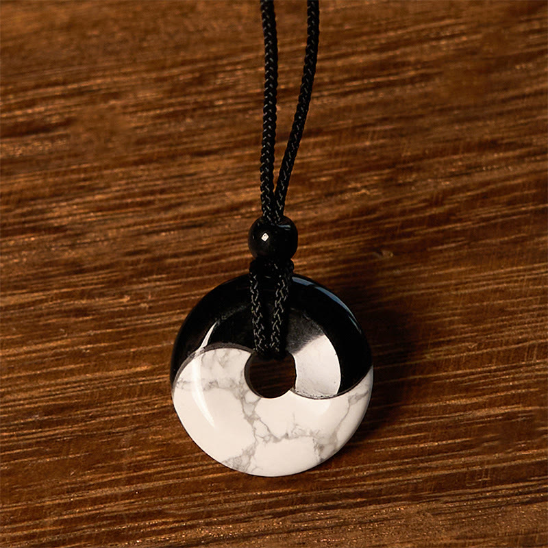 Wear FengShui Natural Black Obsidian White Turquoise Yin Yang Peace Buckle Design Braided String Strength Necklace Pendant