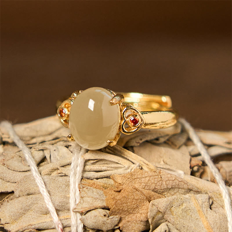 Wear FengShui Natural Hetian Jade Egg Heart-shaped Copper Luck Open Ring