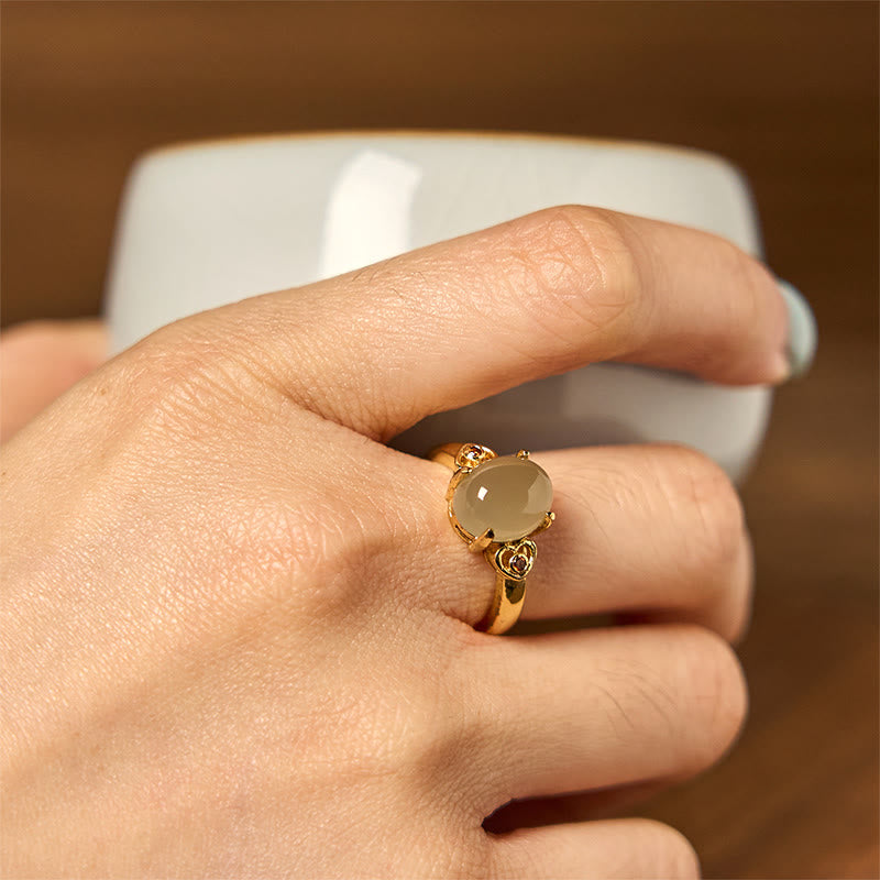 Wear FengShui Natural Hetian Jade Egg Heart-shaped Copper Luck Open Ring