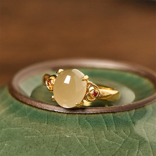 Wear FengShui Natural Hetian Jade Egg Heart-shaped Copper Luck Open Ring