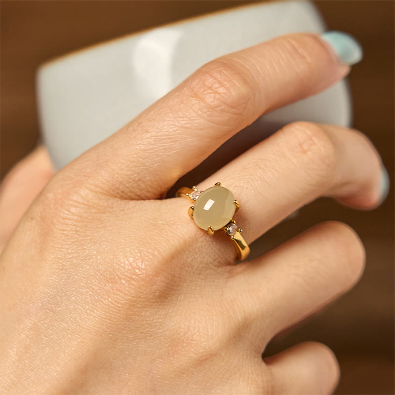 Wear FengShui Natural Hetian Jade Zirconia Egg Copper Prosperity Ring