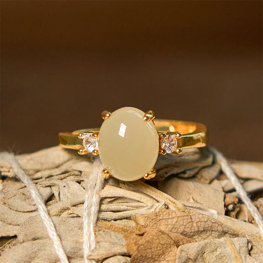 Wear FengShui Natural Hetian Jade Zirconia Egg Copper Prosperity Ring