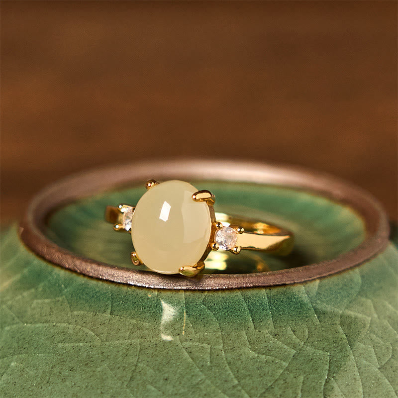 Wear FengShui Natural Hetian Jade Zirconia Egg Copper Prosperity Ring