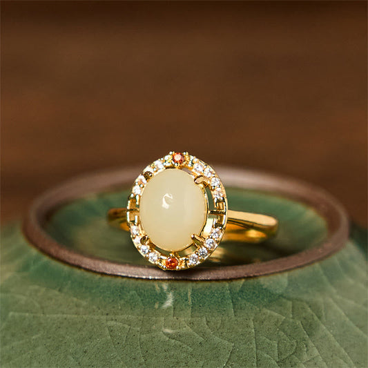 Wear FengShui Natural Hetian Jade Zirconia Egg Copper Open Luck Ring