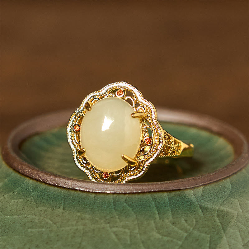 Wear FengShui Natural Hetian Jade Vintage Egg Copper Open Luck Ring