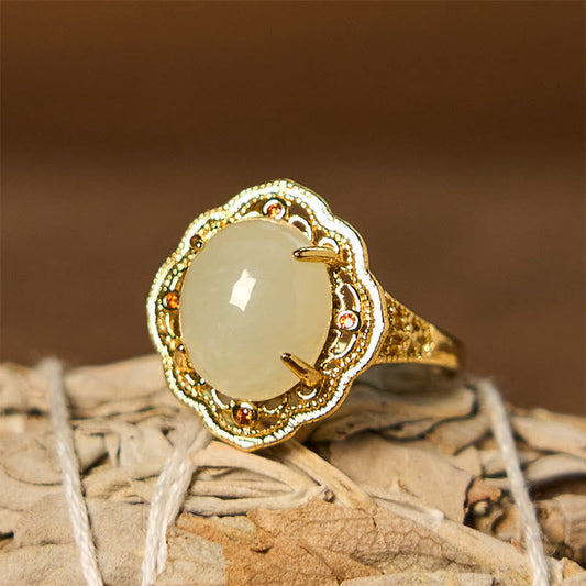 Wear FengShui Natural Hetian Jade Vintage Egg Copper Open Luck Ring