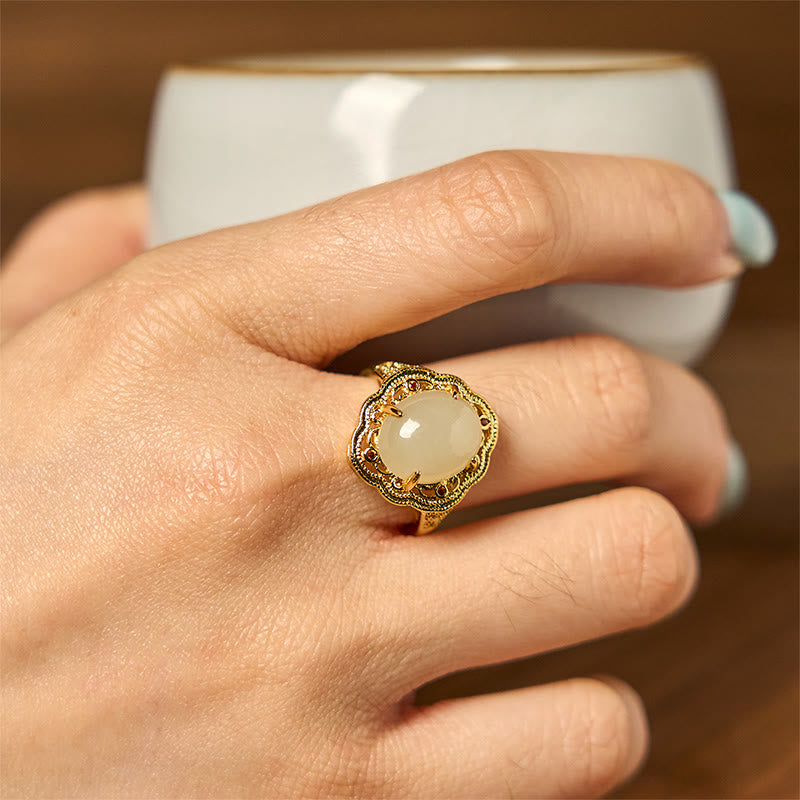 Wear FengShui Natural Hetian Jade Vintage Egg Copper Open Luck Ring