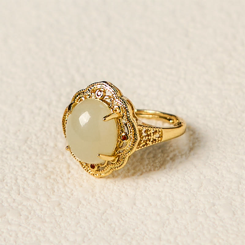 Wear FengShui Natural Hetian Jade Vintage Egg Copper Open Luck Ring
