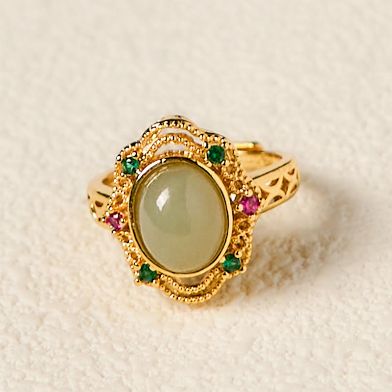Wear FengShui Natural Hetian Jade Egg Hollow Pattern Copper Open Luck Ring