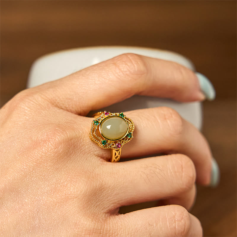 Wear FengShui Natural Hetian Jade Egg Hollow Pattern Copper Open Luck Ring
