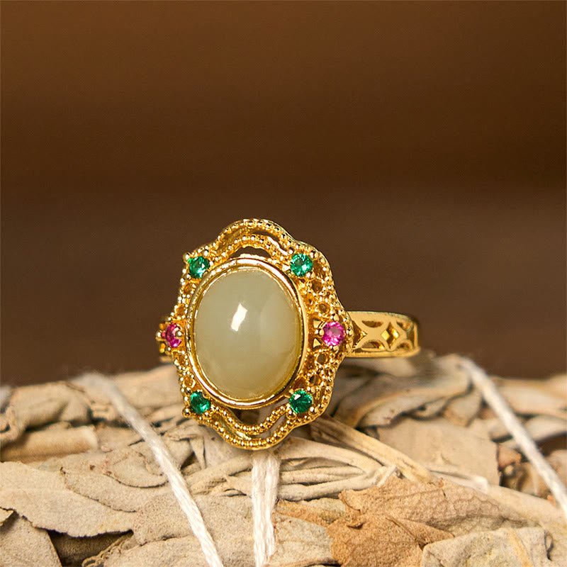 Wear FengShui Natural Hetian Jade Egg Hollow Pattern Copper Open Luck Ring