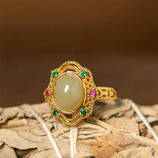 Wear FengShui Natural Hetian Jade Egg Hollow Pattern Copper Open Luck Ring