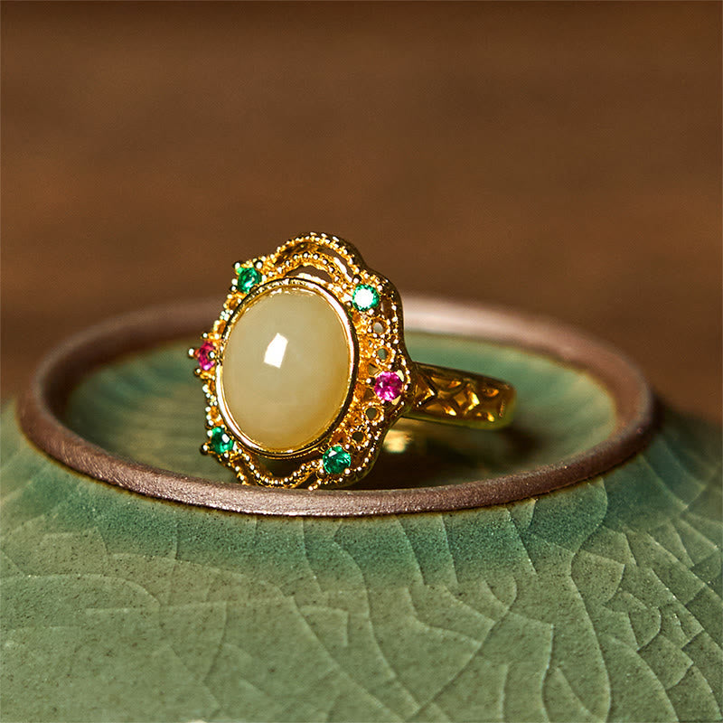 Wear FengShui Natural Hetian Jade Egg Hollow Pattern Copper Open Luck Ring