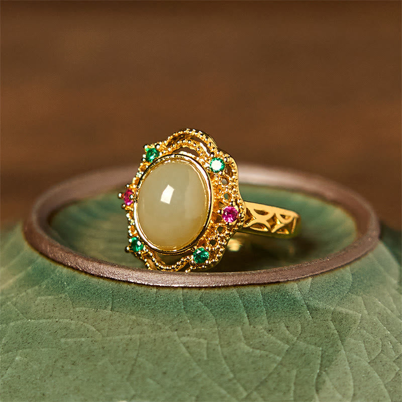 Wear FengShui Natural Hetian Jade Egg Hollow Pattern Copper Open Luck Ring