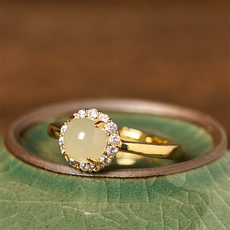 Wear FengShui Natural Hetian Jade Egg Copper Open Luck Prosperity Ring