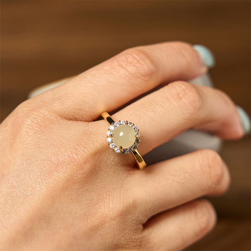 Wear FengShui Natural Hetian Jade Egg Copper Open Luck Prosperity Ring