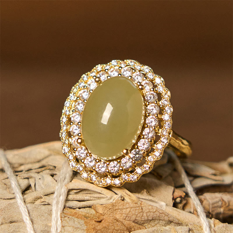 Wear FengShui Natural Hetian Jade Egg Hollow Double Circle Zirconia Copper Open Abundance Ring