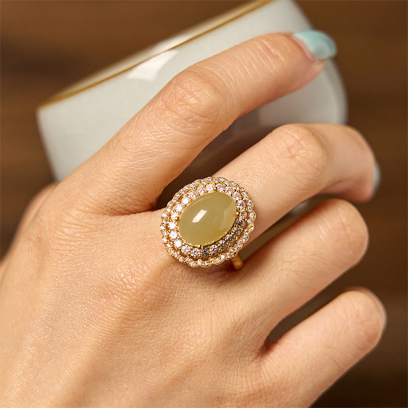 Wear FengShui Natural Hetian Jade Egg Hollow Double Circle Zirconia Copper Open Abundance Ring