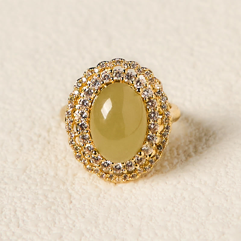 Wear FengShui Natural Hetian Jade Egg Hollow Double Circle Zirconia Copper Open Abundance Ring