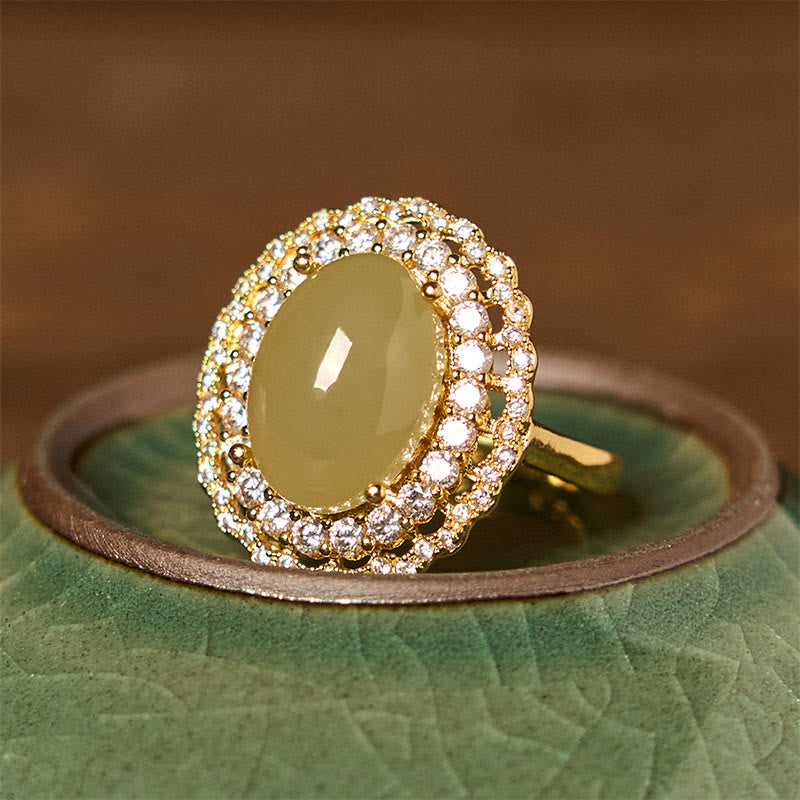 Wear FengShui Natural Hetian Jade Egg Hollow Double Circle Zirconia Copper Open Abundance Ring