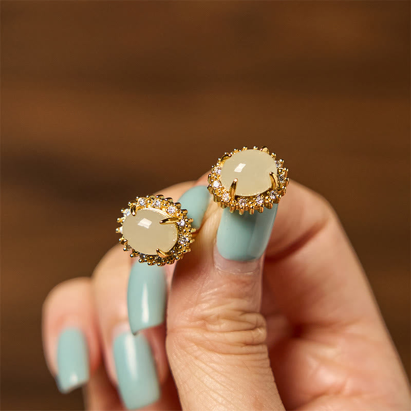 Wear FengShui Natural Hetian Jade Egg Copper Prosperity Earrings