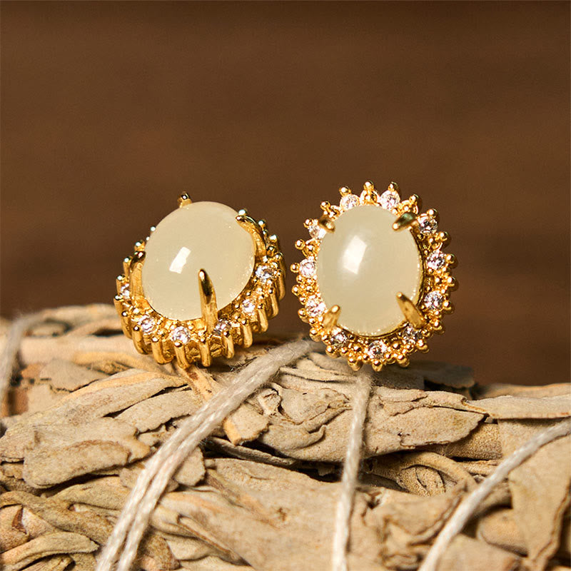 Wear FengShui Natural Hetian Jade Egg Copper Prosperity Earrings