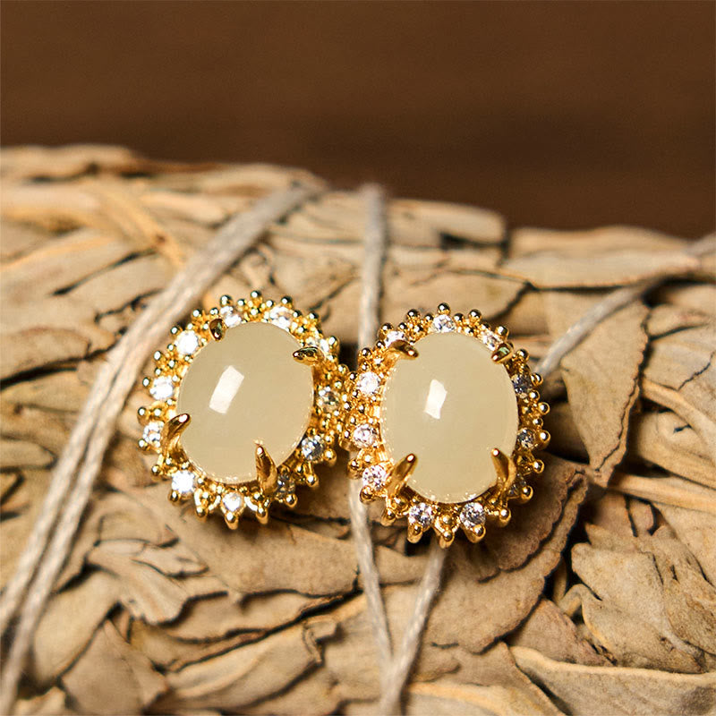 Wear FengShui Natural Hetian Jade Egg Copper Prosperity Earrings